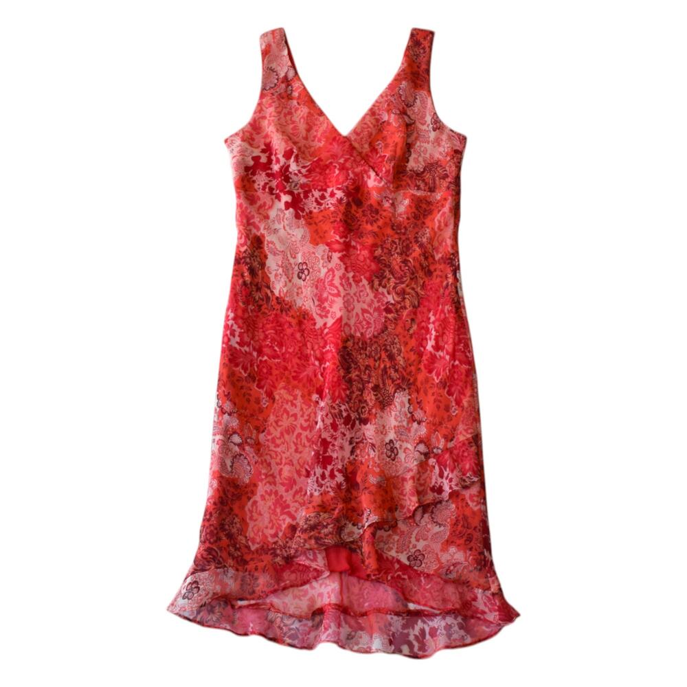 Y2K Red Floral Chiffon Sleeveless V-Neck Midi Dress - Size Medium Large